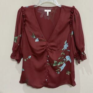 Joie Anevy Floral Silk Blouse Button-front Ruffle Top Cambridge Red Sz M V-Neck